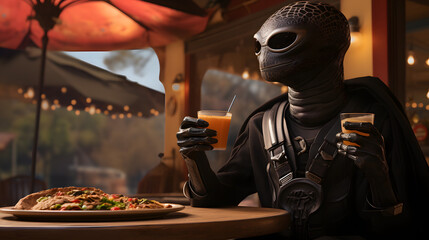 realistic alien dressed in black eating mexican sweet bread from a crafty table while being on a movie set