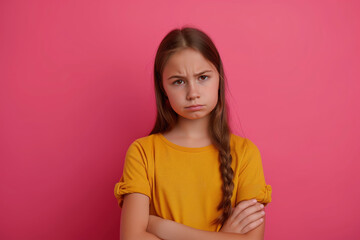Fototapeta premium A young girl with a braid and yellow shirt shows a frown against a bright pink background.
