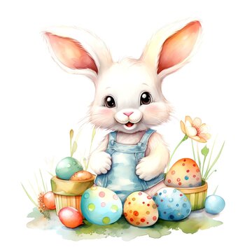 Cute Easter Bunny, Watercolor. Illustration of the Easter bunny sitting in a clearing with Easter eggs. AI generated