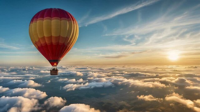 Hot air balloon in the sky at sunset. Generative AI Video. ProRes LT 59.94 FPS available in 4K 16:9.
