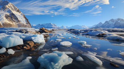 Glacier fond, flots s'élèvent. Terres englouties, vies bouleversées. Réchauffement, avertissement.