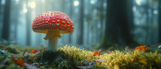 panorama of beautiful small red and white fly agaric poisonous musroom in deep magic forest. Fairy tale scenic view of toadstool amanita fungus.