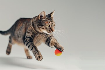 Energetic tabby cat captured in motion as it playfully hits a bright ball - obrazy, fototapety, plakaty