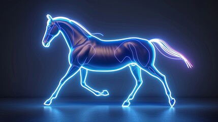 Obraz na płótnie Canvas Volumetric figure of a horse with glowing neon light outline. The hoofed animal is running fast. Illustration for cover, card, postcard, interior design, banner, poster, brochure or presentation.