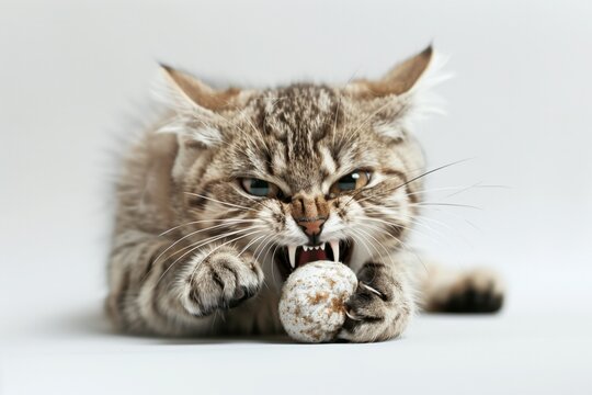 Angry cat biting a small ball
