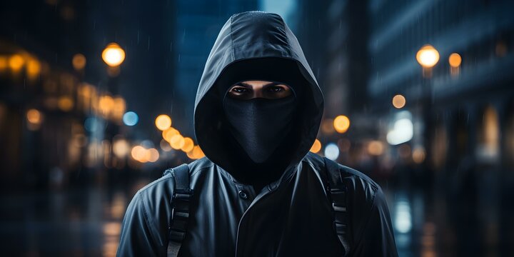 Urban Portrait: Person Wearing Hoodie and Mask in Night Setting, with Copy Space. Concept Night Photography, Urban Style, Hoodie and Mask, Copy Space