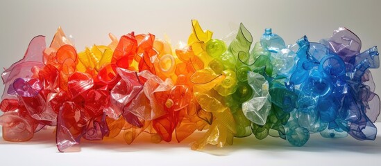 A vibrant display of crumpled disposable plastic bottles, filled with various colored items, captured in a group of plastic bags.