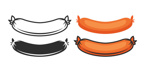 Vector Sausage Icon Set Isolated. Design Template of Cartoon Sausage. Culinary, Cooking, Food Concept. Black and White and Color Sausages in Front View - obrazy, fototapety, plakaty