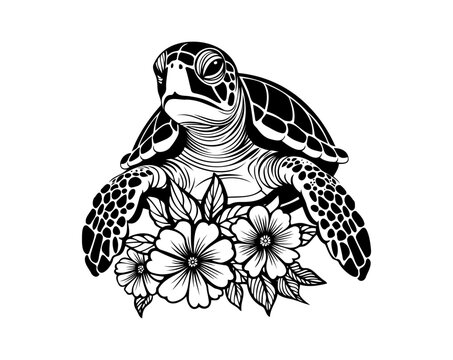 Vector illustration of monochrome sea turtle with flower on white background