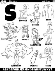 Letter S set with cartoon objects and characters coloring page