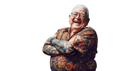 A 70 year old tattooed man laughs and holds his stomach. The senior is plump and wears a patterned shirt. Isolated in front of a transparent background.