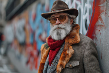 Stylish elderly man with a full beard, wearing a hat and glasses, stands before a colorful graffiti...