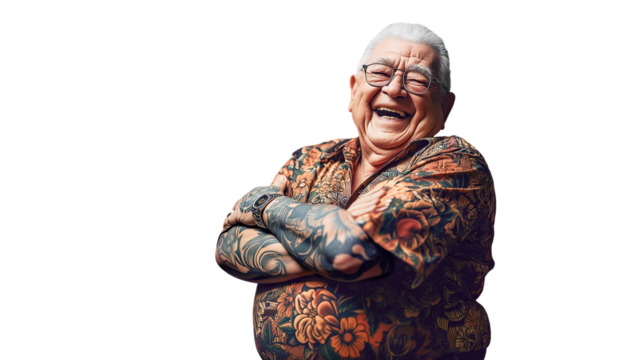 A 70 year old tattooed man laughs and holds his stomach. The senior is plump and wears a patterned shirt. Isolated in front of a transparent background.