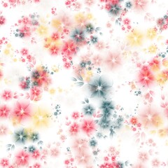 Marble blue, pale red, jasmine and flamingo pink transparent flowers on the white background. Seamless pattern. Pattern for wrapping, textile, print