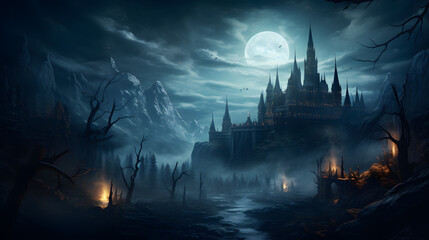 Fototapeta premium an image of a halloween castle in night sky