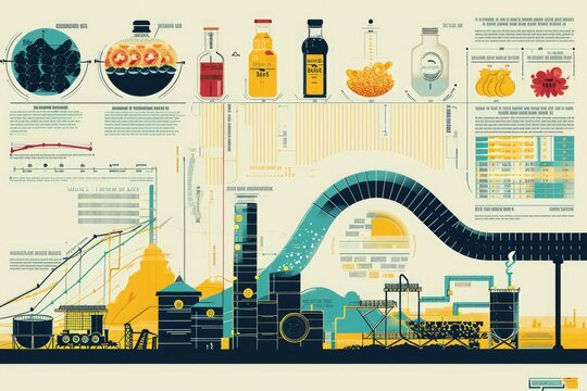 Diagram of a Factory With Numerous Equipment and Structures, Diagram-like infographic comparing commodities with respect to inflation over years, AI Generated