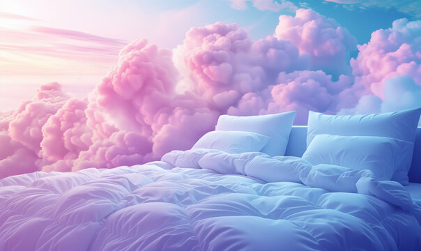  A bed in the soft vanila dream clouds. A good dream concept.