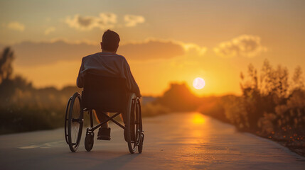 old man in a wheelchair looking at the sunset - obrazy, fototapety, plakaty