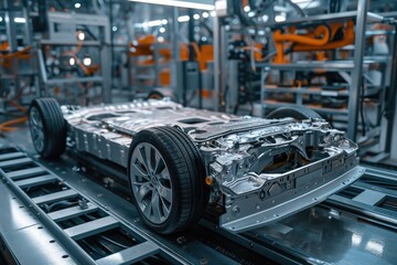Fototapeta premium A car engine moves along a conveyor belt in a factory, ready for installation into a vehicle, Electric vehicle battery technology in high details, AI Generated