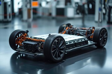 A detailed close up photograph of a meticulously crafted model race car, Electric vehicle battery technology in high details, AI Generated