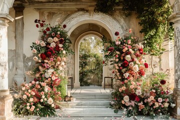 A vibrant bunch of flowers showcasing various colors and species, enhancing the exterior of a building, Elegant ceremony under a marble arch, surrounded by blooming flowers, AI Generated
