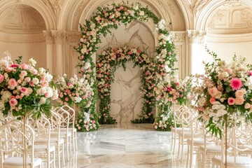 A photograph showcasing a room filled with numerous white chairs adorned with vibrant flowers, Elegant ceremony under a marble arch, surrounded by blooming flowers, AI Generated