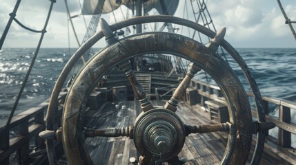 steering wheel vintage, midday, on ocean