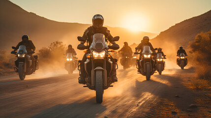 motorcycle riders traveling down a desert road at sunset