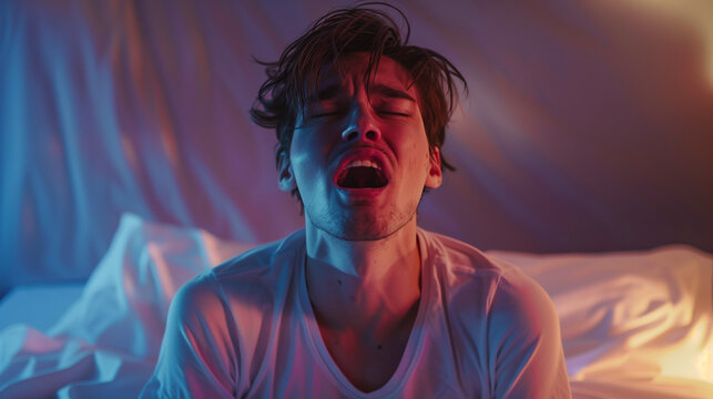 Man experiencing a nightmare, distress or orgasm, sitting in bed with a pained expression, illuminated by eerie red light.