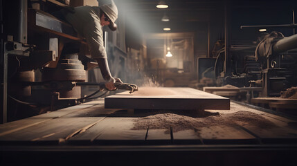 Against the backdrop of a woodworking workshop, a milling machine transforms raw wood into refined planks, while a would-be thief tries to steal a freshly milled piece.