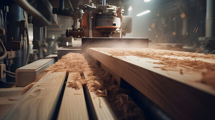 Against the backdrop of a woodworking workshop, a milling machine transforms raw wood into refined planks, while a would-be thief tries to steal a freshly milled piece.