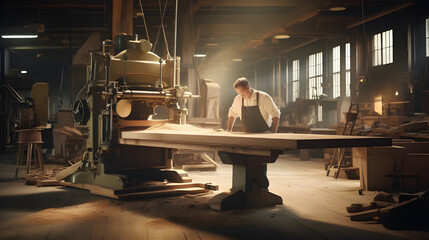  In a bustling woodshop, a milling machine diligently shapes a wooden plank, while a shadowy figure attempts to abscond with the processed wood.
