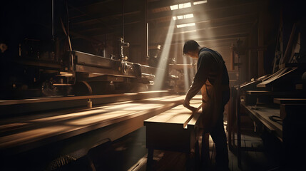 In a bustling woodshop, a milling machine diligently shapes a wooden plank, while a shadowy figure attempts to abscond with the processed wood. - obrazy, fototapety, plakaty