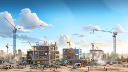 A panoramic view of a bustling construction site with various houses in different stages of development, showcasing the diverse projects of houses in the background.