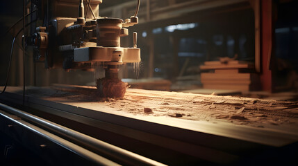 A milling machine whirs to life as it skillfully carves into a wooden plank, while in the background, a shadowy figure stealthily attempts to steal the processed wood. 