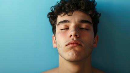 Fototapeta premium Close-up of a young man with eyes closed against a blue background, expressing tranquility or contemplation.