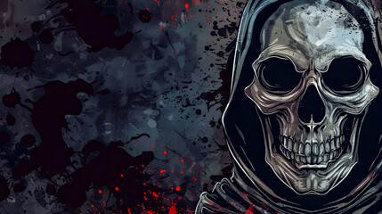 a grim reaper with a hood and a skull on his head, copy space