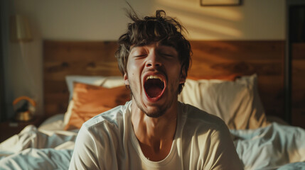 Man yawning or orgasm while sitting on a bed with morning sunlight filtering through the room. - obrazy, fototapety, plakaty