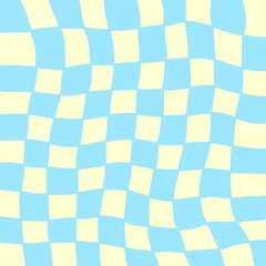 Pattern of Distorted checkered, chessboard background in blue and yellow, y2k style 