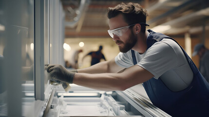 A worker installs a plastic window indoors.