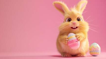 A cute fluffy yellow easter rabbit with an easter egg on a pink background with copy space