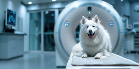 Generative AI, Dog on table on vet clinic at MRI,  examination in veterinary surgery hospital  - obrazy, fototapety, plakaty