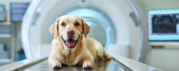 Generative AI, Dog on table on vet clinic at MRI, examination in veterinary surgery hospital 