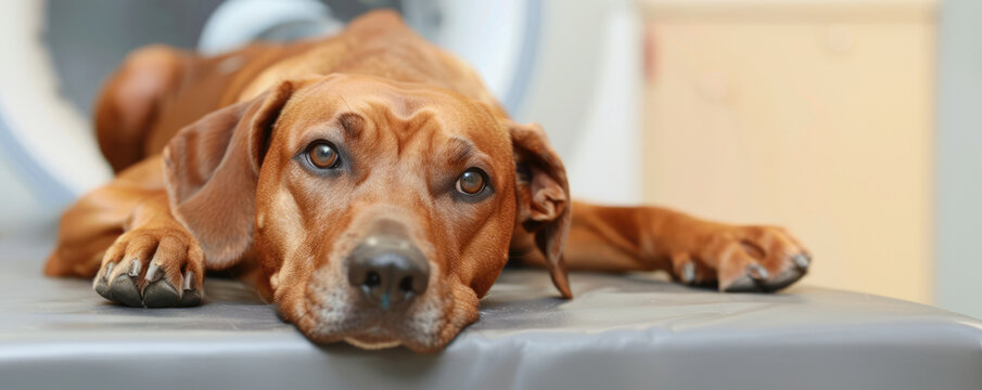 Generative AI, Dog on table on vet clinic at MRI,  examination in veterinary surgery hospital 