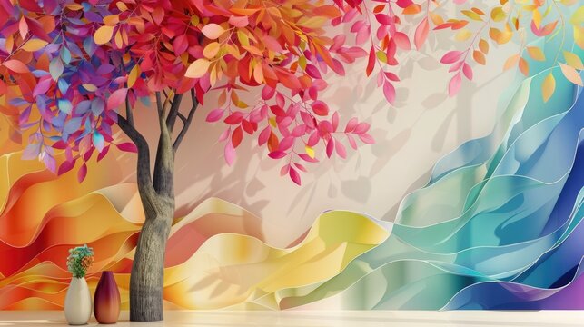 colorful tree with leaves illustration style abstract background