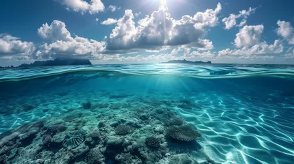 Fotobehang Above and below the surface of the sea with a coral reef underwater and a cloudy blue sky. © AI Studio