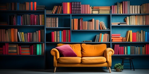 Colorful library shelves filled with books in a cozy reading room setting. Concept Library Decor, Cozy Reading Nook, Colorful Bookshelves, Home Library Inspiration, Reading Room Aesthetics