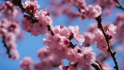pink cherry blossoms _The photo shows a close-up of a branch with pink flowers and buds against a blue sky 