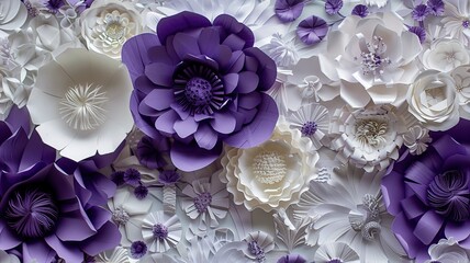 violet and white flowers crafted from paper, styled in detailed, layered compositions reminiscent of colorful woodcarvings, showcasing their delicate charm and artistic craftsmanship. SEAMLESS PATTERN