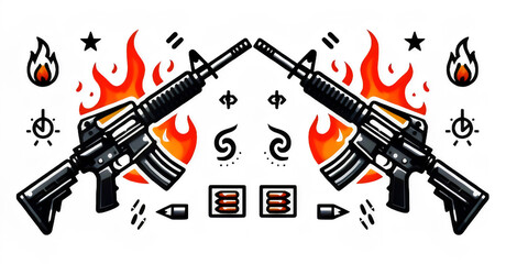 Set of assault rifles in flames. Vector illustration isolated on transparent